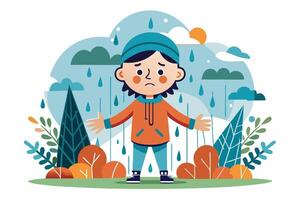 Flat Cartoon Style Child Stands with Upset Expression in Rainfall with Nature vector