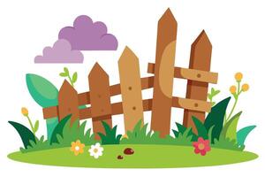 Whimsical Fence Cartoon With Grass, Flowers, Clouds and Garden Plot Element vector