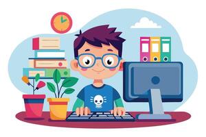 Cartoon Boy with Glasses Typing on Keyboard at Desk with Computer and Plant vector