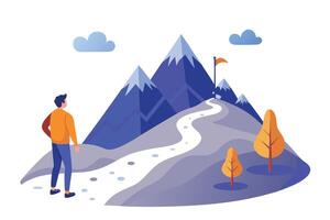 Cartoon Man Facing Mountain Peak with Winding Path, Trees, Blue Clouds on White Background vector