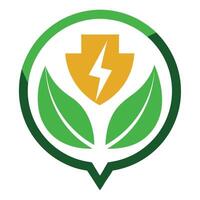 Leaf and Lightning Bolt Shield in Green Circle on White Background Ecology Symbol vector
