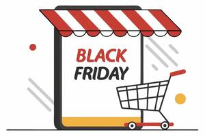 Black Friday Text on Tablet with Red Stripe Awning and Small Shopping Cart Design vector