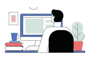 Back View Person Working on Computer with Book Stack and Plant vector