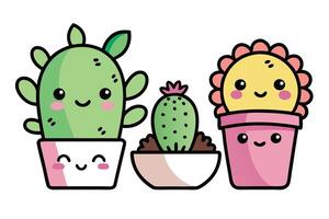 Three potted Cacti with cute smiling faces and pink cheeks isolated on a white background vector