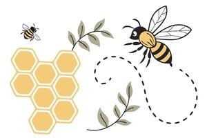 Honeycomb with Honey Bees and Leaves on White Background Isolated Elements vector