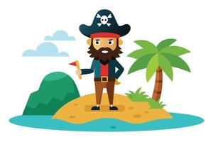 Cartoon Pirate on Tropical Island with Palm Tree and Treasure Map Indicator vector