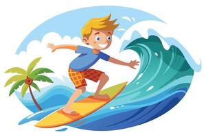 Joyful Blond Boy Surfing on Wave with Yellow Board near Palm Tree vector