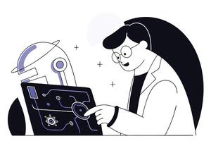 Scientist with Robot Touching Screen Interface, Innovative Technology, White Background vector
