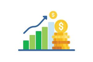 Rising Arrow with Financial Gold Coins and Bar Graph on White Background vector