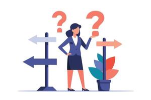 Woman in Suit Surrounded by Arrows and Question Marks on White Background vector