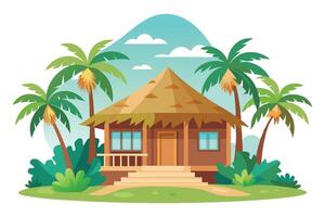 Tropical Hut with Palm Trees Against a White Background vector