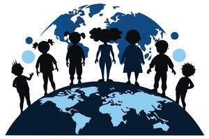 Silhouette of Children Standing on Earth Map with World Globe on White vector