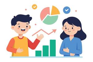 Animated People, Rising Graph, and Pie Chart on a White Background, Business Concept vector