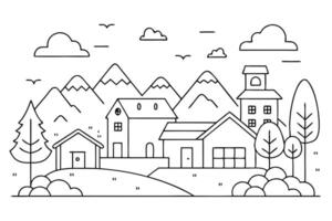 Simple Outline Mountain Landscape with Buildings, Trees, and Clouds on White Background vector