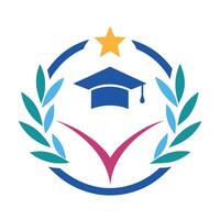 Graduation Cap in Wreath with Star, Colorful Design on White Background vector