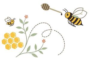 Cute Cartoon Bees with Honey Dipper, Honeycomb and Flowers on White Background vector