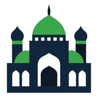 Flat of Mosque Building with Green Dome and Arches on White Background vector
