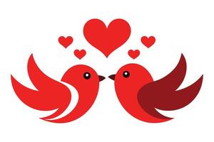 Cute Red Birds Facing Each Other with Hearts Floating Above on White Background vector