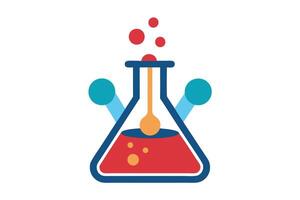 Flat Design Chemistry Flask with Red Liquid and Orange Droplets on White vector