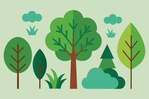 Flat Design Tree Collection with Sky, Grass, Evergreen, and Deciduous Trees vector