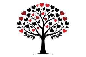 Tree Silhouette with Red and Black Hearts on Branches Isolated on White Background vector