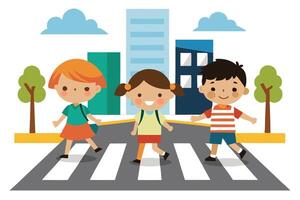 Children Crossing Zebra Lines With Urban Buildings, Trees, and Clouds in Flat Style vector