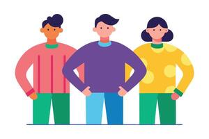 Diverse Group of Three People with Bright Colors and Flat Design on White vector