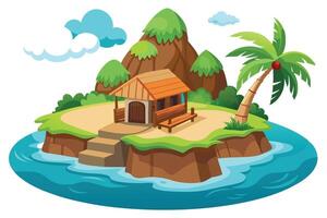 Cartoon Tropical Island with Hut, Palm Tree, Mountain and Clouds on White Background vector