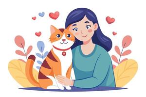 Smiling Woman Hugging Orange Striped Cat with Red Collar on White Background vector