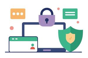Isolated Flat Design Laptop with Padlock, Shield, and Message Icons on White vector