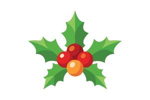 Holly Leaves and Berries Flat Design with White Background, Festive Icon, Green vector