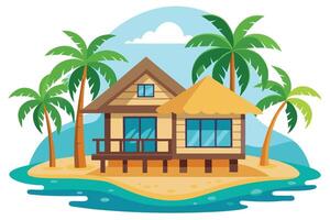 Beach Hut On A Small Island, Sand, Turquoise Water, Palm Trees, and Blue Sky View vector