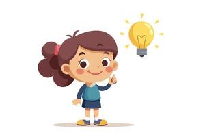Cartoon Girl with Idea Smiling Child Pointing Up at Glowing Lightbulb vector