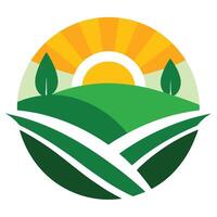 Circular Landscape with Green Fields, Sun, and Trees on White Background vector