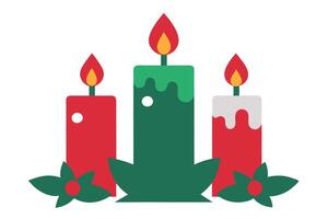 Three Lit Candles with Green Leaves on White Background Flat Design vector