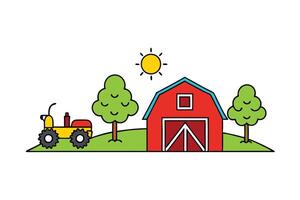 Farm with Barn, Tractor, Trees, and Sun, Flat Cartoon Style on White vector