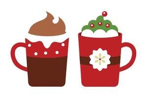 Two Festive Red Mugs with Toppings on White Background, Cocoa and Cream Design vector
