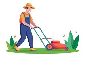 Smiling Man Mowing Lawn with Orange Lawn Mower on Grass, Against White Background vector