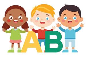 Cheerful Multiethnic Kids Posing with Colorful A B Letters on White Background vector