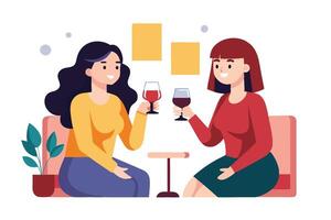 Two Smiling Women Toasting with Wine Glasses, Flat Design on White Background vector