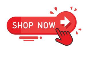 Red Shop Now Button with White Arrow and Hand Cursor on a White Background vector