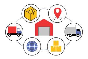 Logistics Circle With Box Truck Globe Warehouse Location on White Background vector