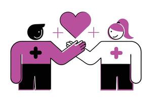 Stylized Man and Woman Holding Hands with Pink Heart and Plus Signs on White Background vector