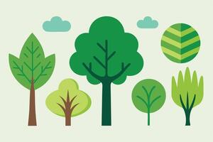 Flat Cartoon Trees with Cloud Icons Against Beige Background, Nature vector