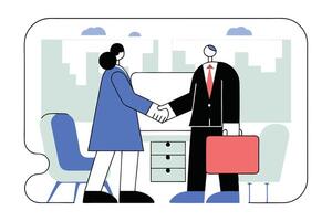 Business Handshake Stylized Man and Woman Shaking Hands with Suitcase, Office Setting vector