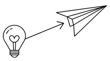 Bulb with Heart Shape to Paper Plane, Arrow, White Background Outline vector