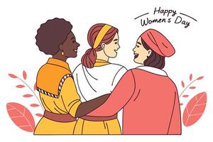 Three Smiling Diverse Women Hugging Each Other with Pink Leaves on White Background vector