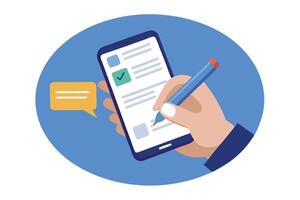 Hand Holding Phone with Checklist App Completing Digital Form Stylus Writing vector