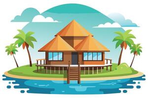 Island hut on serene water with sky, lush palm trees under cloudy blue sky view vector