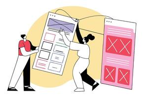 Stylish Cartoon Figures Collaborating with App Interface Wireframes vector